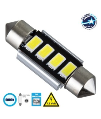 GloboStar® C5W 81312 Λάμπα Αυτοκίνητου 36mm FESTOON  2nd Generation Can-Bus Series LED 4 SMD 5630 3W 450lm 120° DC 12V IP20 Ψυχρό Λευκό 6000K